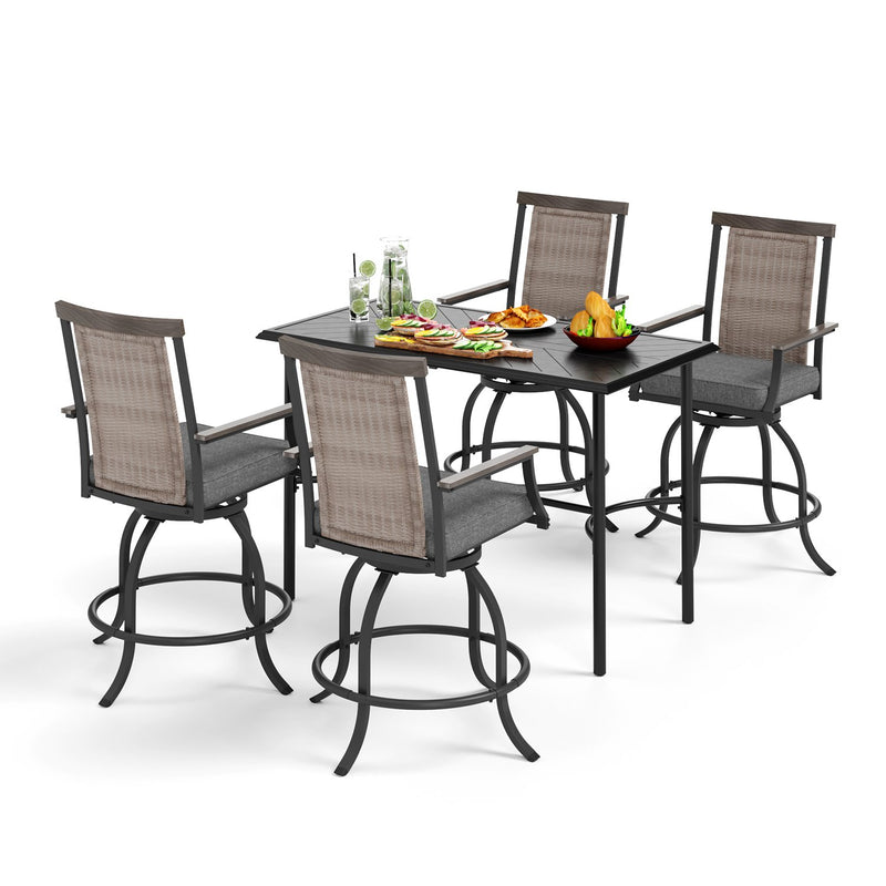 PHI VILLA 5-Piece Patio Bar Set With 4 Swivel Rattan Bar Stools & 1 Steel Table