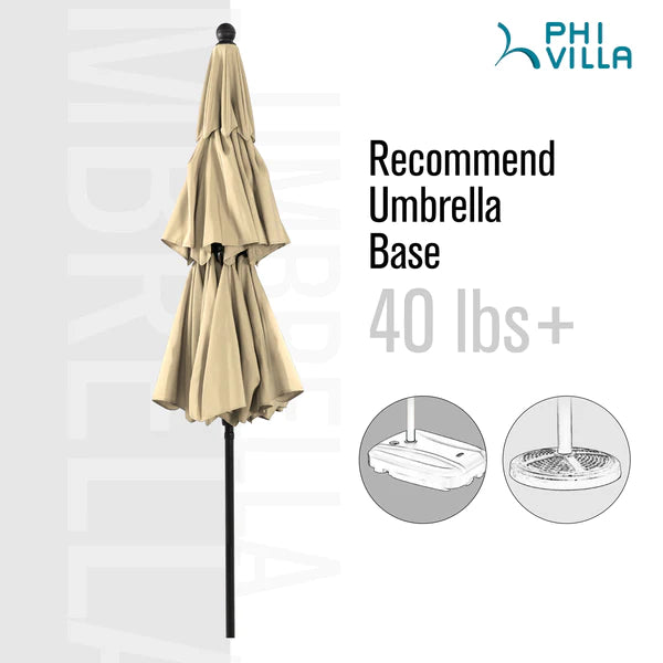 PHI VILLA 6-Piece Outdoor Dining Set with 10ft Umbrella & Wood-Look Square Table & Cushioned Rattan Chairs