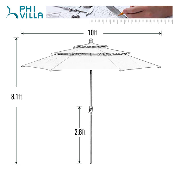 PHI VILLA 6-Piece Outdoor Dining Set with 10ft Umbrella & Steel Square Table & Steel Fixed Chairs