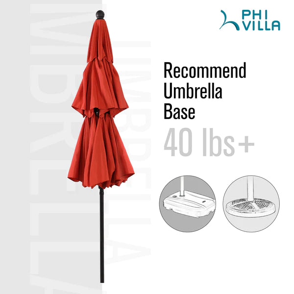 PHI VILLA 6-Piece Outdoor Dining Set with 10ft Umbrella & Wood-Look Square Table & Cushioned Rattan Chairs