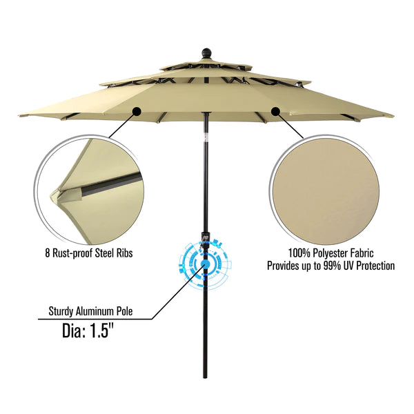 PHI VILLA 6-Piece Patio Dining Set with 10ft Umbrella & Wood-Look Square Table & C-Spring Textilene Chairs