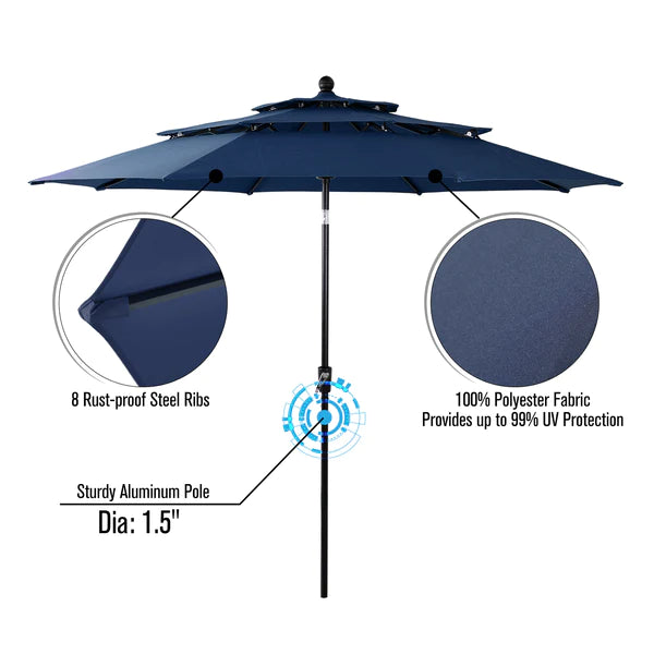 PHI VILLA 6-Piece Patio Dining Set with 10ft Umbrella & Steel Square Table & Bullseye Pattern Fixed Steel Chairs
