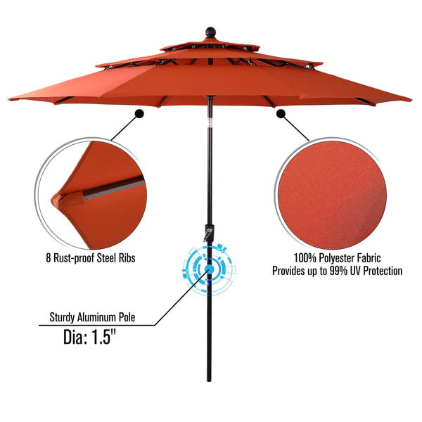 PHI VILLA 6-Piece Outdoor Dining Set with 10ft Umbrella & Steel Square Table & Padded Swivel Textilene Chairs