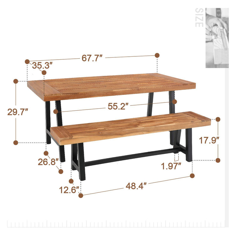 PHI VILLA Patio Dining Set with Textilene Chairs/ Acacia Wooden Bench & Acacia Wooden Table