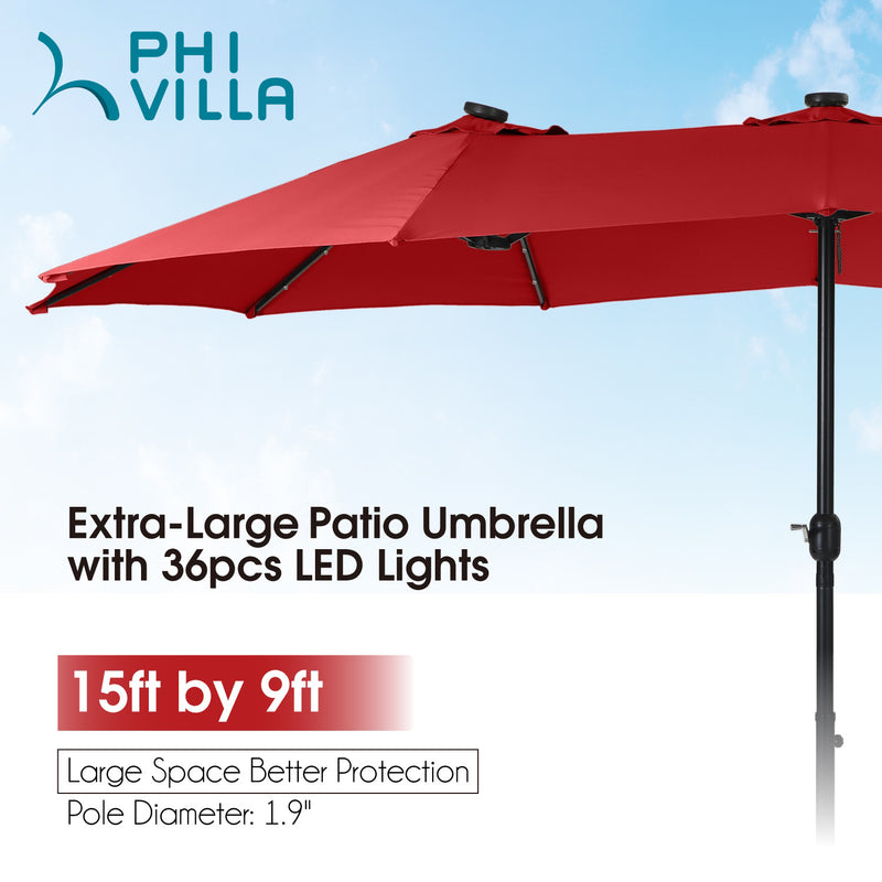 PHI VILLA 15ft Double-Sided Patio Extra Large Umbrella With LED Lights