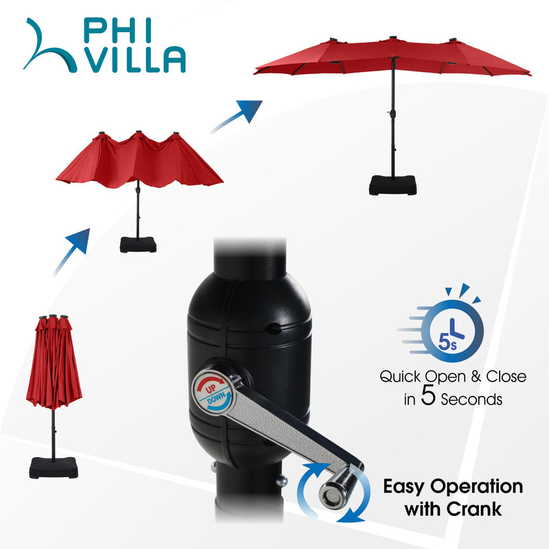 PHI VILLA 15ft Double-Sided Patio Extra Large Umbrella With LED Lights