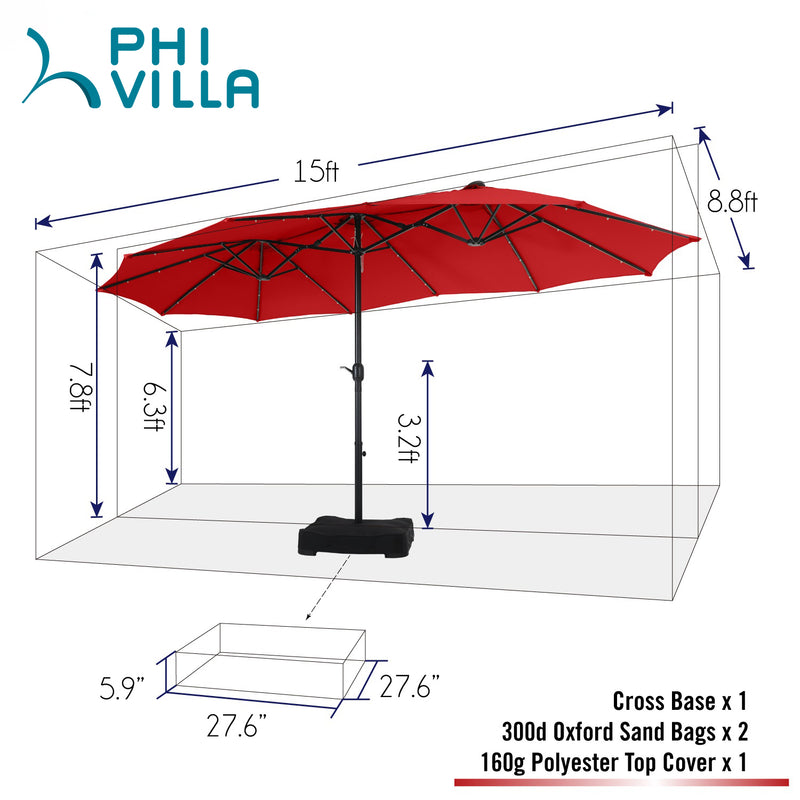 PHI VILLA 15ft Double-Sided Patio Extra Large Umbrella With LED Lights