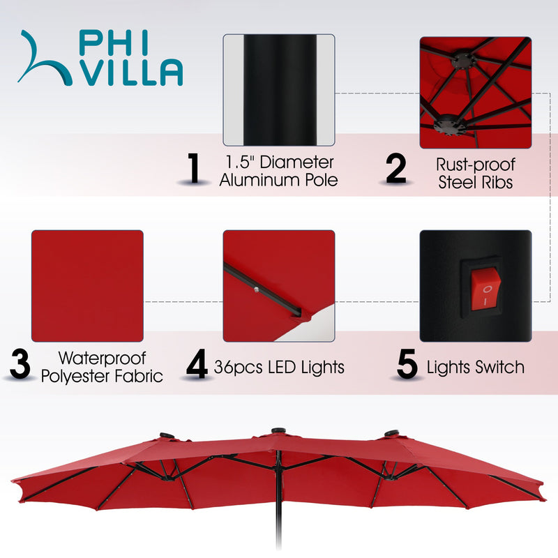 PHI VILLA 15ft Double-Sided Patio Extra Large Umbrella With LED Lights