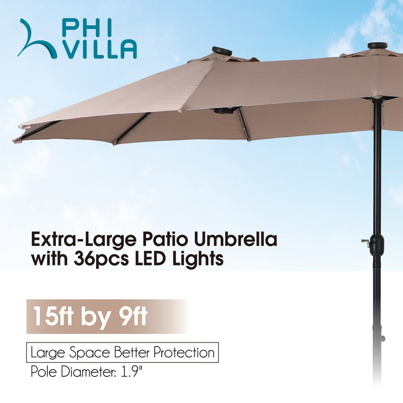 PHI VILLA 15ft Double-Sided Patio Extra Large Umbrella With LED Lights