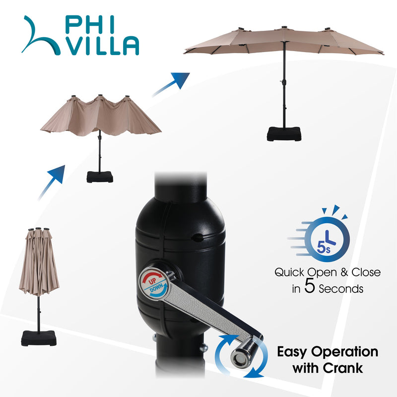 PHI VILLA 15ft Double-Sided Patio Extra Large Umbrella With LED Lights