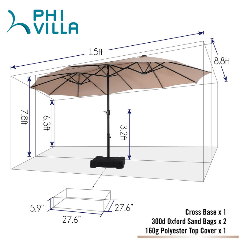 PHI VILLA 15ft Double-Sided Patio Extra Large Umbrella With LED Lights