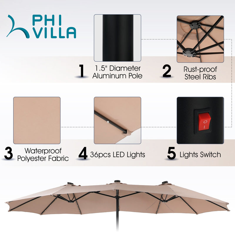 PHI VILLA 15ft Double-Sided Patio Extra Large Umbrella With LED Lights