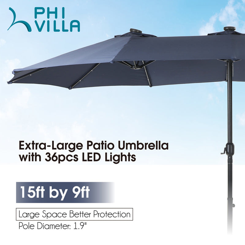 PHI VILLA 15ft Double-Sided Patio Extra Large Umbrella With LED Lights