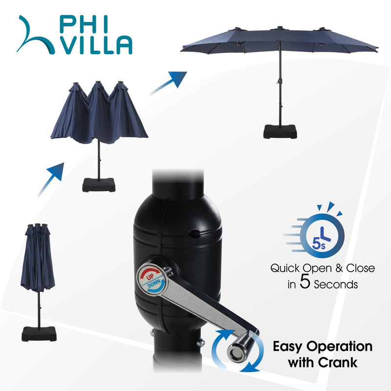 PHI VILLA 15ft Double-Sided Patio Extra Large Umbrella With LED Lights