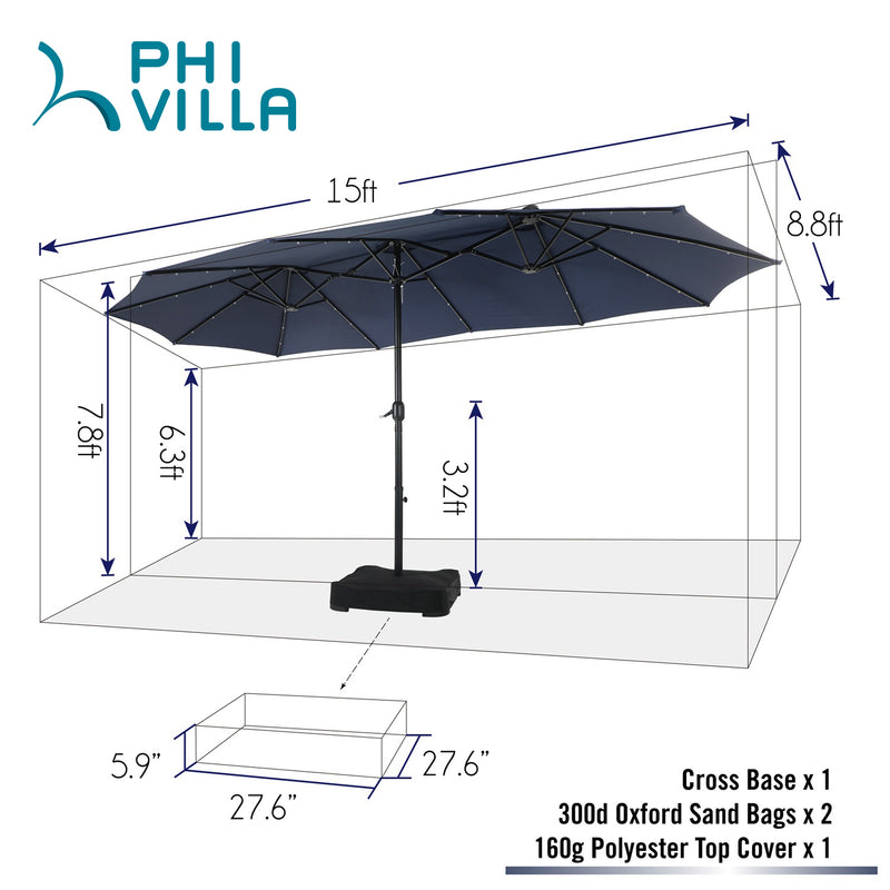 PHI VILLA 15ft Double-Sided Patio Extra Large Umbrella With LED Lights