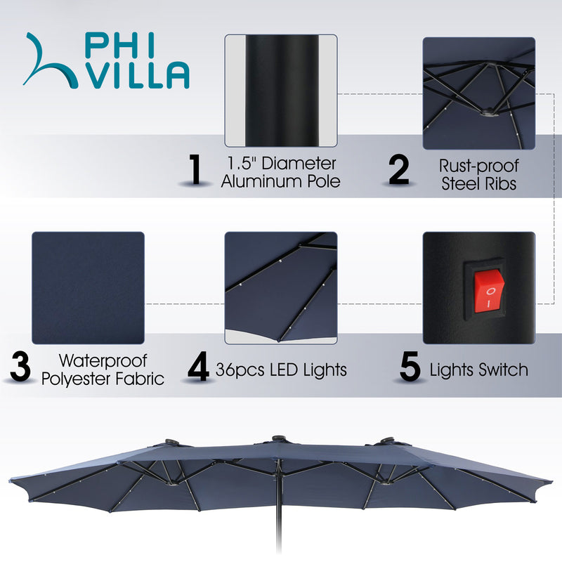 PHI VILLA 15ft Double-Sided Patio Extra Large Umbrella With LED Lights