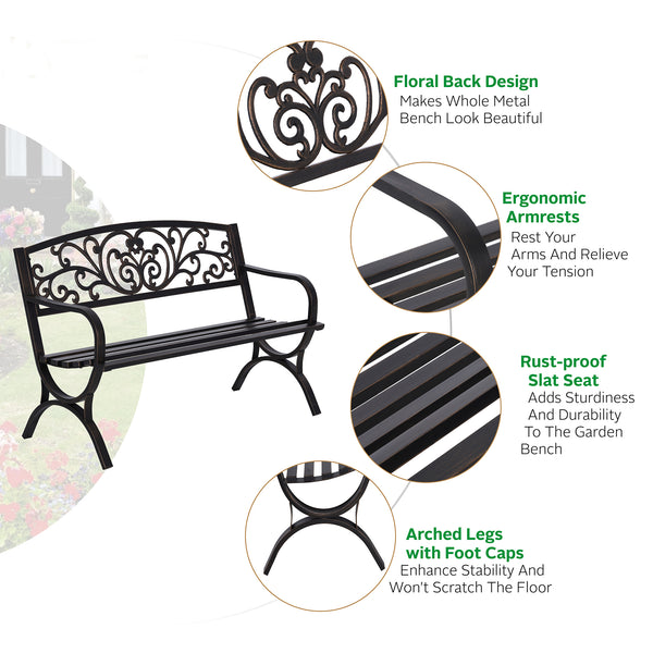PHI VILLA 50 Inch Garden Outdoor Bench Cast Iron Steel Frame Apple Blossom Pattern