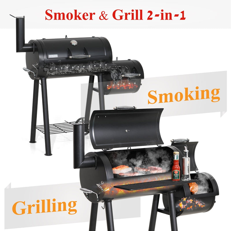 2-In-1 Charcoal Smoker Grill with Offset Box-Captiva Designs