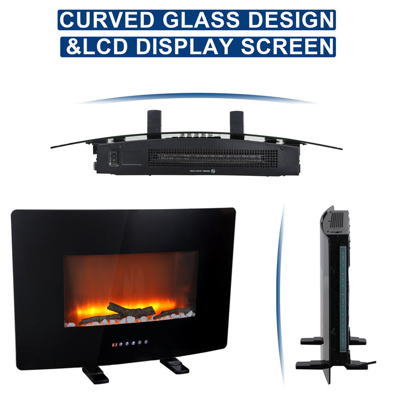 PHI VILLA 30 Inch Wall Mounted & Freestanding Curved Panel Remote Control Electric Fireplace