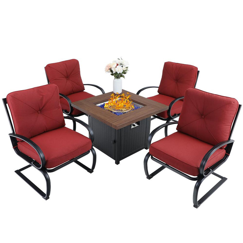 PHI VILLA 5-Piece Outdoor Fire Pit Set C-spring Chairs With Cushions & 50,000BTU Wood-look Fire Pit Table