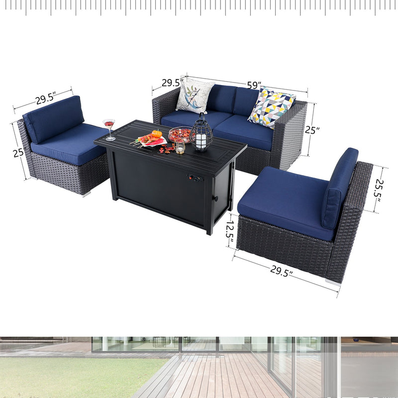 PHI VILLA 5-Piece Patio Fire Pit Set Rattan Sectional Sofa & 50,000BTU Rectangle Fire Pit Table With Lid