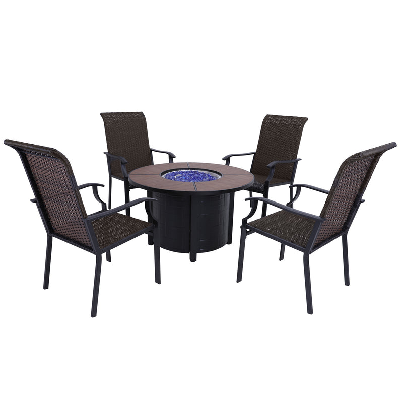 PHI VILLA 5-Piece Patio Fire Pit Set With Round Propane Fire Pit Table & Rattan Dining Chairs