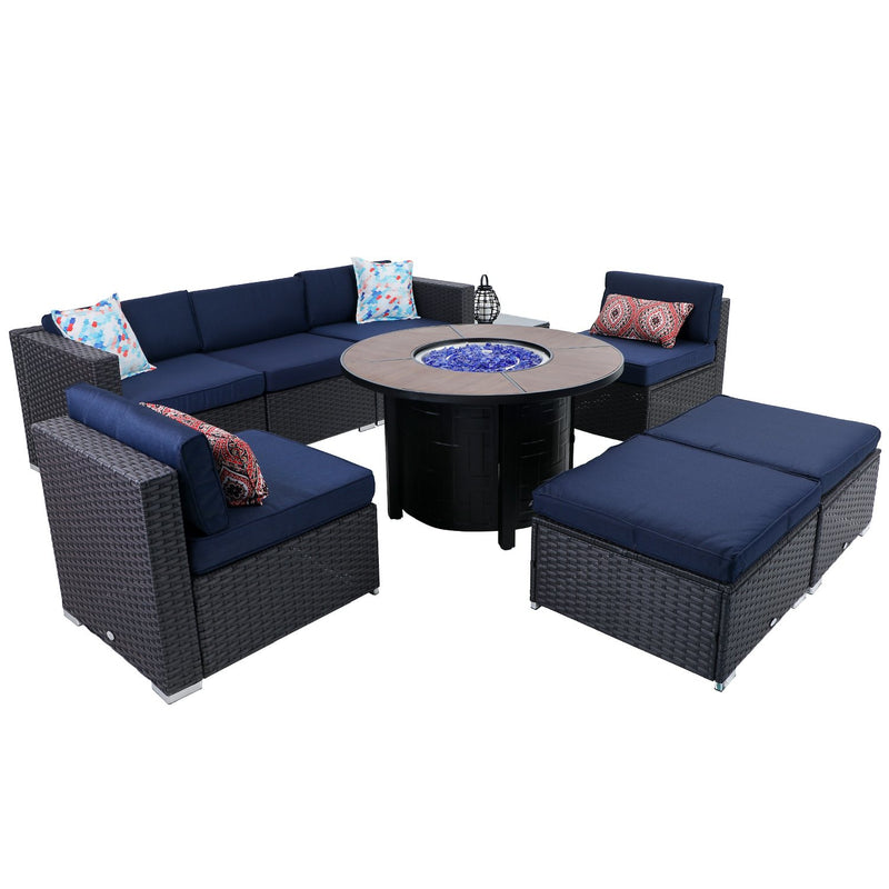 PHI VILLA 9-Piece Outdoor Fire Pit Set Rattan Sectional Sofa & 50,000BTU Wood-look Round Fire Pit Table