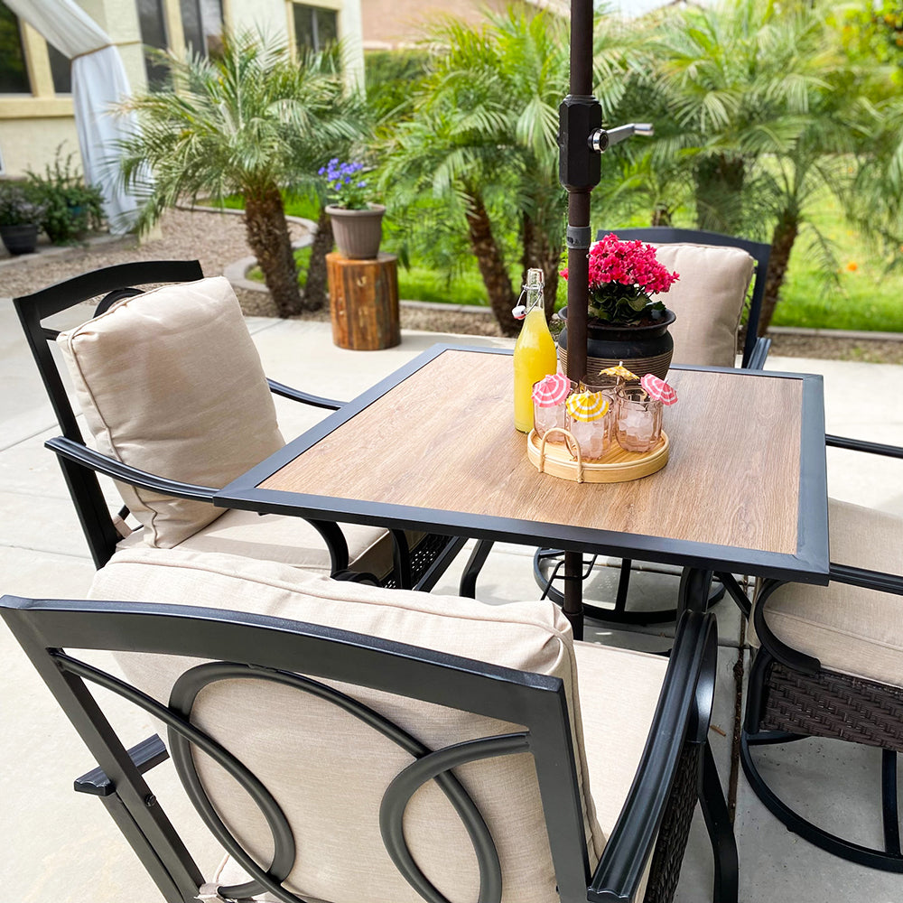 PHI VILLA 5-Piece Outdoor Dining Set 4 Cushioned Swivel Chairs and Square Table