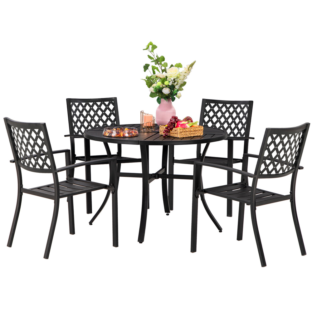 PHI VILLA 5-Piece Outdoor Dining Set 4 Patterned Stackable Chairs and Steel Slat Round Table