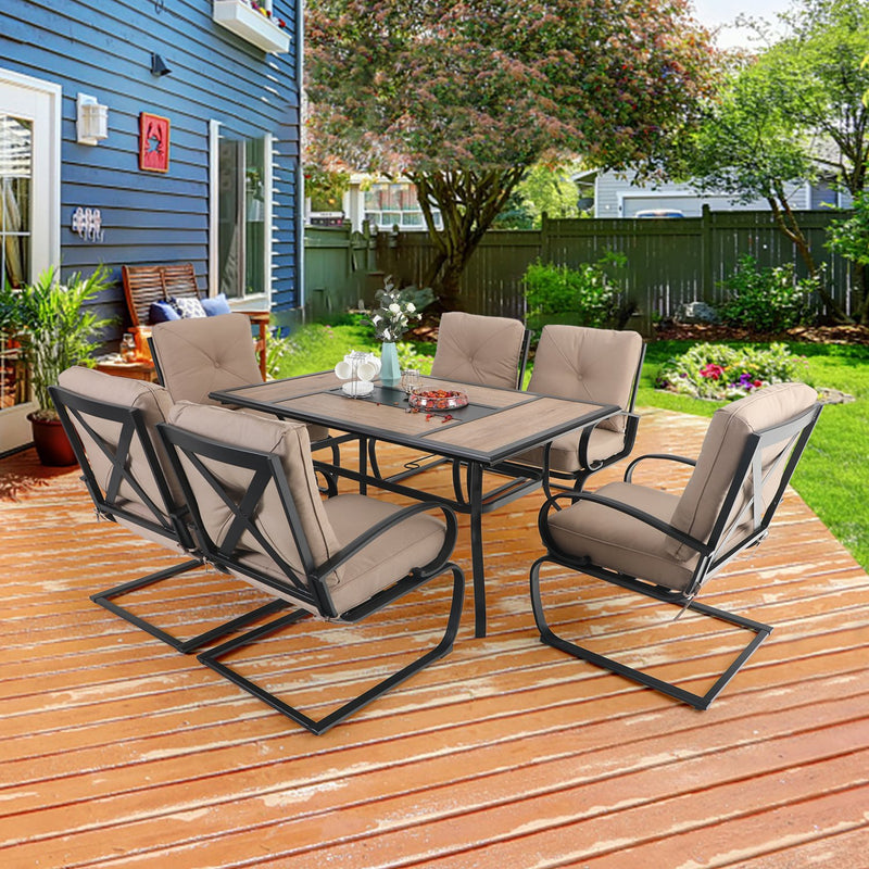 PHI VILLA 7-Piece Outdoor Dining Set With Steel Panel Table & 6 C-Spring Chairs