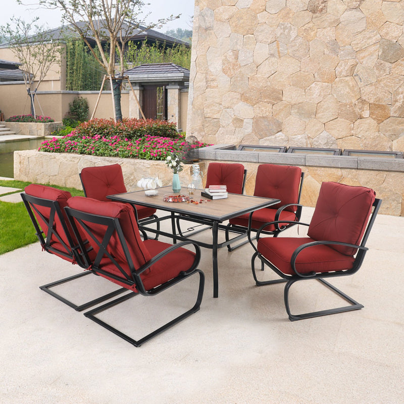 PHI VILLA 7-Piece Patio Dining Set With 6 C-Spring Chairs & Steel Rectangle Table