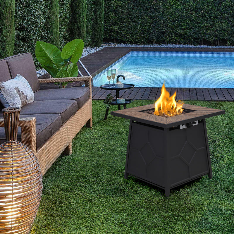 PHI VILLA 28 Inch 40,000 BTU Outdoor Terrafab Square Gas Fire Pit Table With Lid and Lava Rocks, PVC Cover
