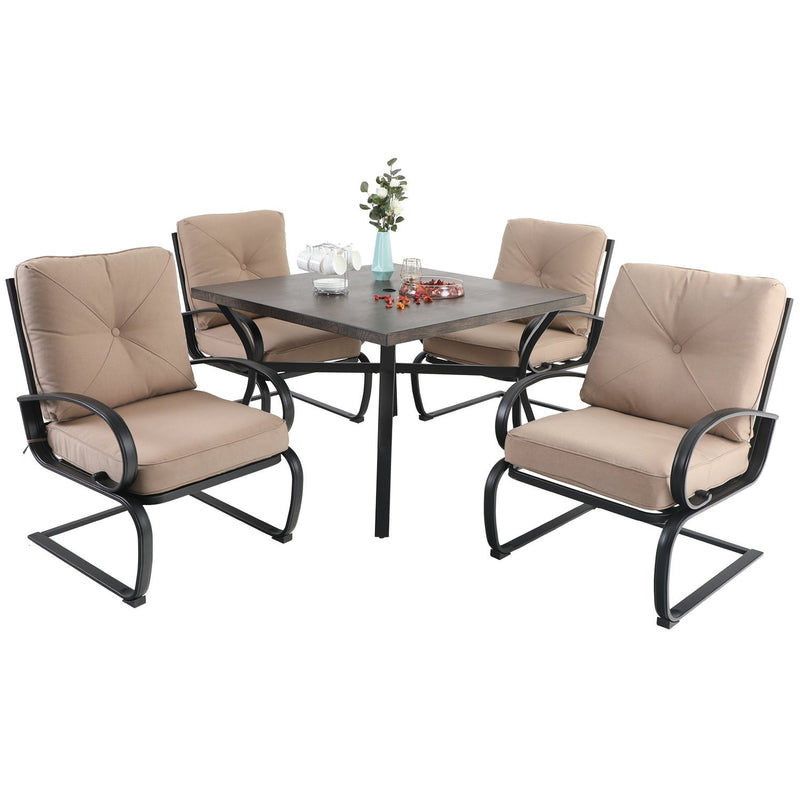 PHI VILLA 5-Piece Outdoor Dining Set With Steel Square Table & 4 C-Spring Cushioned Chairs