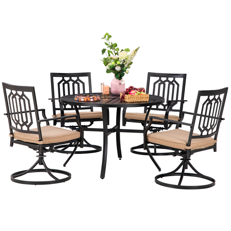 PHI VILLA 5-Piece Outdoor Dining Set 6 Swivel Chairs and Round Steel Slat Table