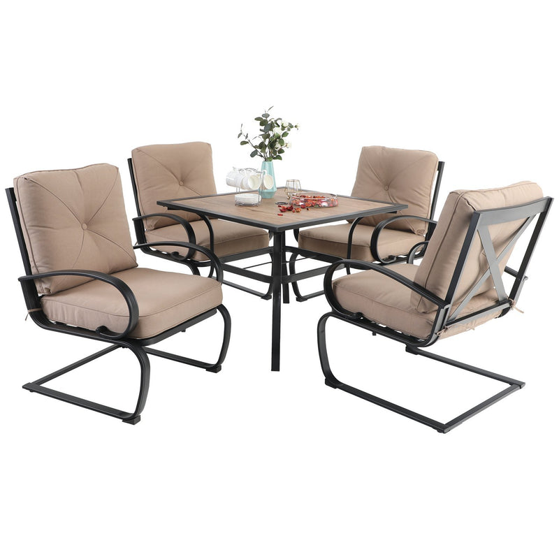 PHI VILLA 5-Piece Outdoor Dining Set With Steel Square Table & 4 C-Spring Cushioned Chairs
