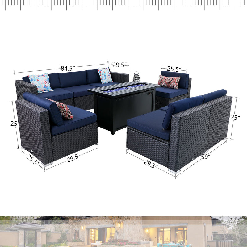 PHI VILLA 9-Piece Patio Fire Pit Set Rattan Sectional Sofa & 50,000BTU Rectangle Fire Pit Table With Lid