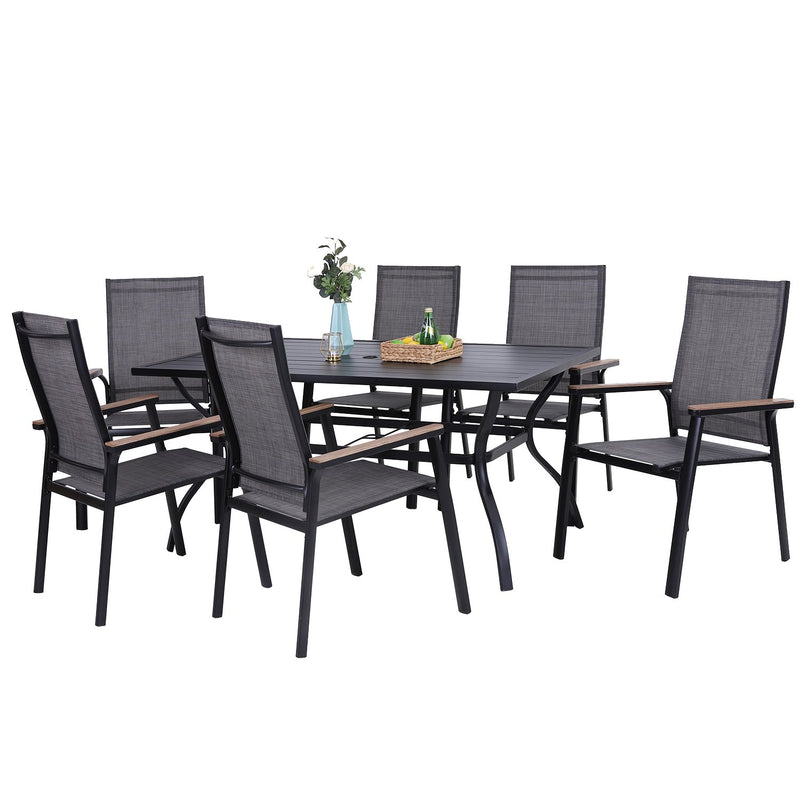 PHI VILLA 7-Piece Outdoor Dining Set with Rectangle Steel Table & 6 Textilene Dining Chairs