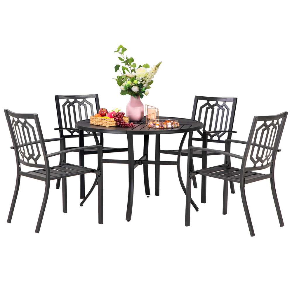 PHI VILLA 5-Piece Outdoor Dining Set 4 Patterned Stackable Chairs and Steel Slat Round Table