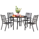 PHI VILLA 5-Piece Outdoor Dining Set 4 Patterned Stackable Chairs and Steel Slat Round Table