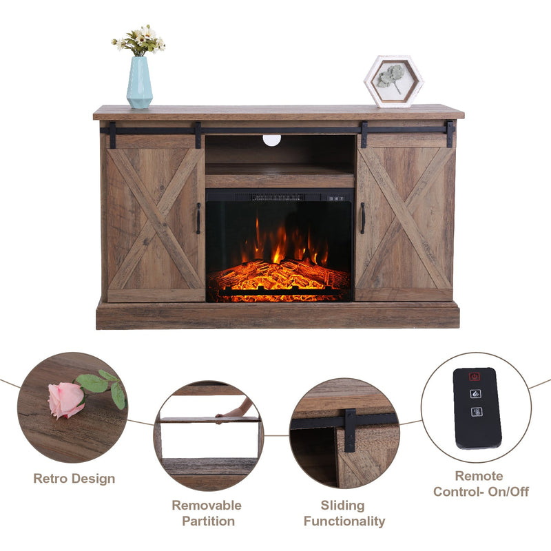 Phi Villa 47''/55'' Fireplace TV Stand and 18''/23'' Plug-in Fireplace with Storage Shelves and Sliding Double Barn Door