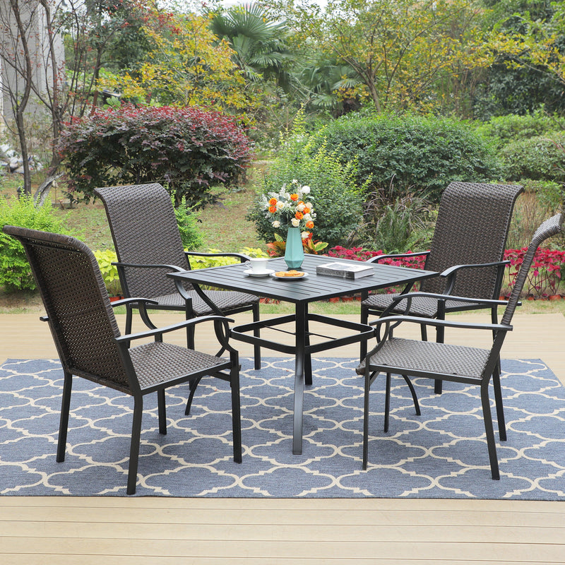 PHI VILLA 5-Piece Patio Dining Set with 4 Rattan Dining Chairs & Steel Square Table