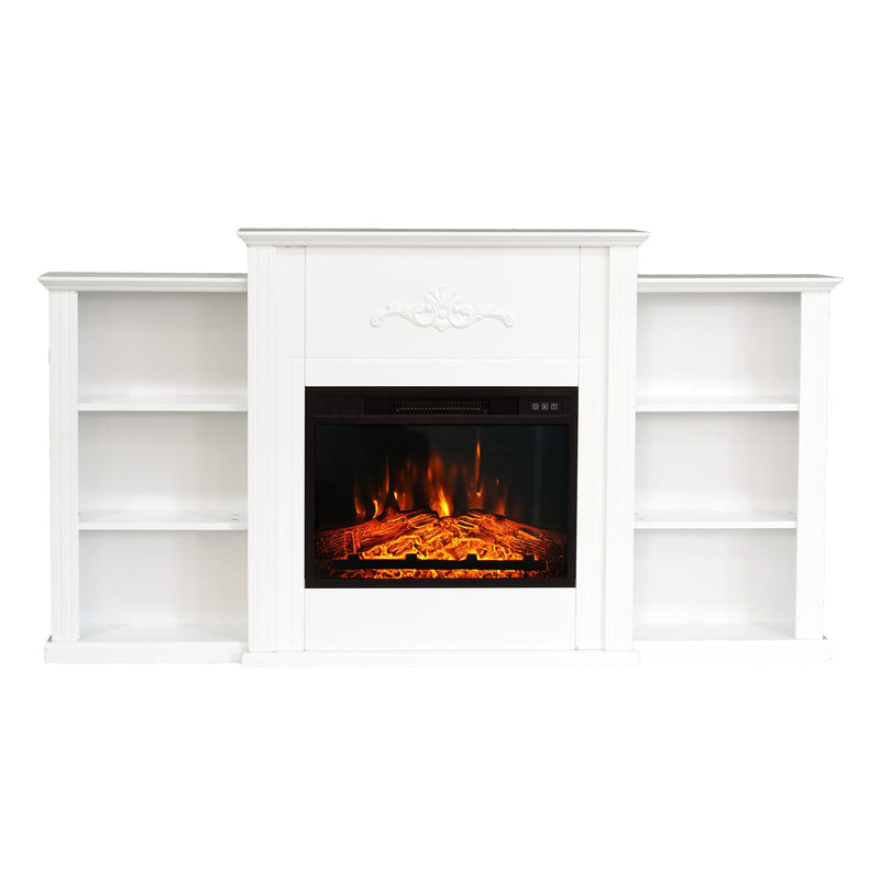 Phi Villa 70'' White Fireplace TV Stand & 23'' Plug-in Fireplace with Storage Shelves