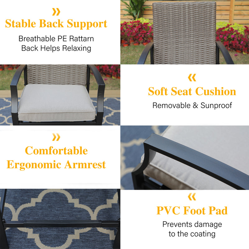 PHI VILLA Outdoor Bar Stool Set Rattan Chair Back Cushioned High Bar stools & Rectangle High Table