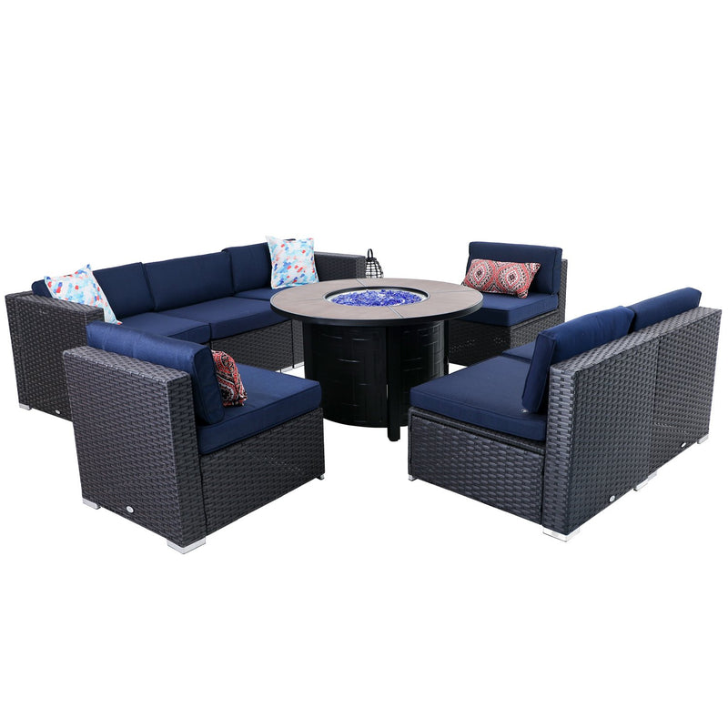 PHI VILLA 9-Piece Outdoor Fire Pit Set Rattan Sectional Sofa & 50,000BTU Wood-look Round Fire Pit Table