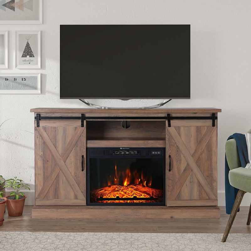 Phi Villa 47''/55'' Fireplace TV Stand and 18''/23'' Plug-in Fireplace with Storage Shelves and Sliding Double Barn Door