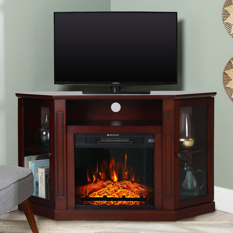 Phi Villa 48 Inch Wooden Hexagonal Electric Fireplace Corner TV Stand with Open Storage Shelves , Cabinets & Glass Door- Brown