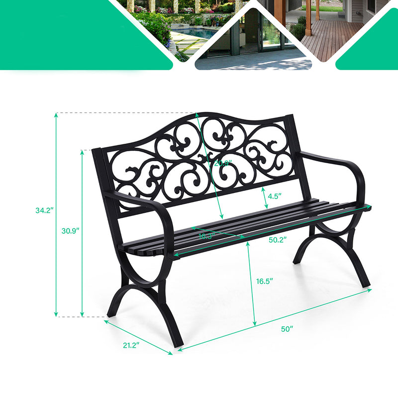 PHI VILLA 50 Inch Garden Patio Bench Cast Iron Steel Frame with Phalaenopsis Pattern