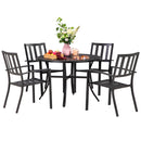 PHI VILLA 5-Piece Outdoor Dining Set 4 Patterned Stackable Chairs and Steel Slat Round Table