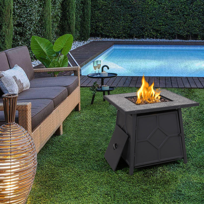PHI VILLA 28 Inch 40,000 BTU Outdoor Terrafab Square Gas Fire Pit Table With Lid and Lava Rocks, PVC Cover