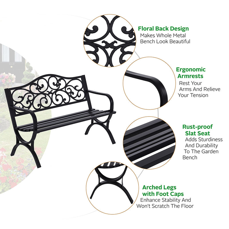 PHI VILLA 50 Inch Garden Patio Bench Cast Iron Steel Frame with Phalaenopsis Pattern